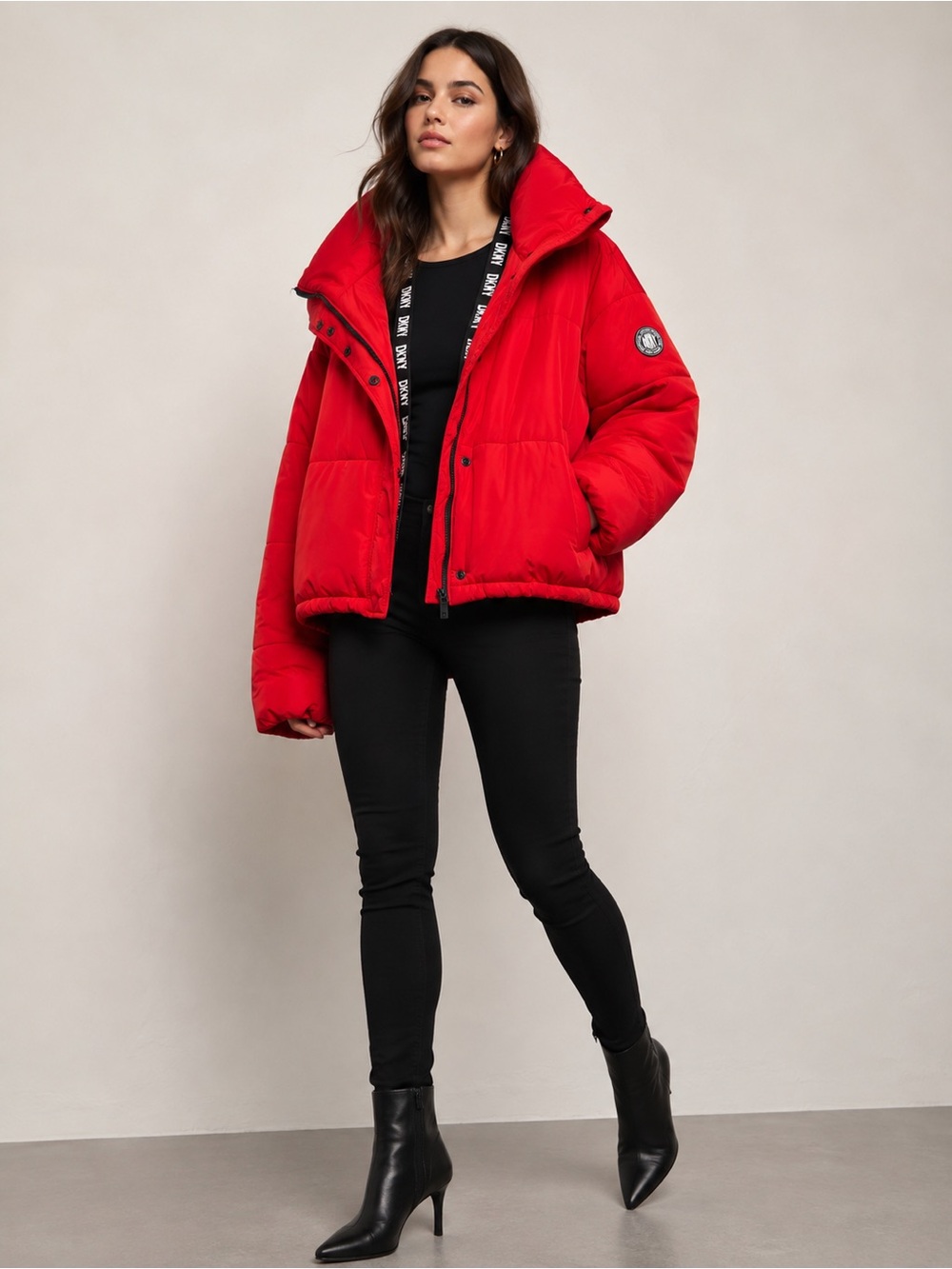 DKNY Sport Official Uniform of NY Red Cropped Puffer Jacket XL Oversized Logo